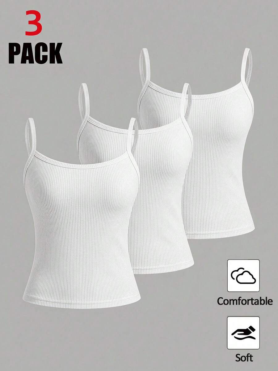 SHEIN Teen Girl Teen Girls Tank Tops & Camis 3pcs White School Back To School - White - View 1