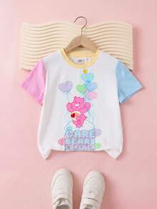 SHEIN X Care Bears 少女卡通印花拼色圓領短袖T恤 - 彩色 - 查看 1