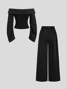 Sweetra Women's Sweetro Elegant Casual Commute Night Out Business Office Off-Shoulder Pants Suit Set Black And White Striped Summer - Black - View 2