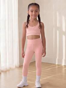 SHEIN Young Girl High Stretch Sportswear Set For Body Shaping, Free Stretching, Sweating-Absorbing, Cycling, Running, Indoor Dancing And, Fall, Yoga, Gym - Pink - View 7