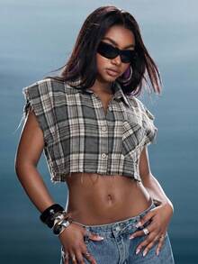 Denimoi Boxy Crop Top Plaid Collared With Raw Edges Fashionable Streetwear Grunge Everyday Daytime Grey Plaid Summer Going Out - Grey - View 4