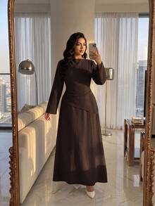 SHEIN Lady CURVE 大尺碼巧克力棕色秋季端莊日常兩件式套裝裙，優雅辦公室穿搭夏季 - 咖啡棕 - 查看 5