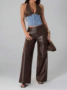 SHEIN Tall Women's Color Block Halter Neck Denim Corset Top - Light Wash - View 9
