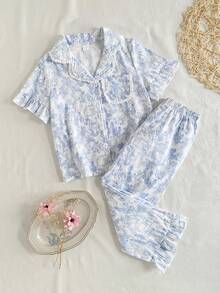 SHEIN Set Piyama Kasual Nyaman 2 Potong Motif Kelinci dan Bunga Garis Biru untuk Bayi Perempuan, Lengan Pendek, dan Celana, Terdiri dari Celana Panjang dan Kerah Berkerut - Biru - View 1