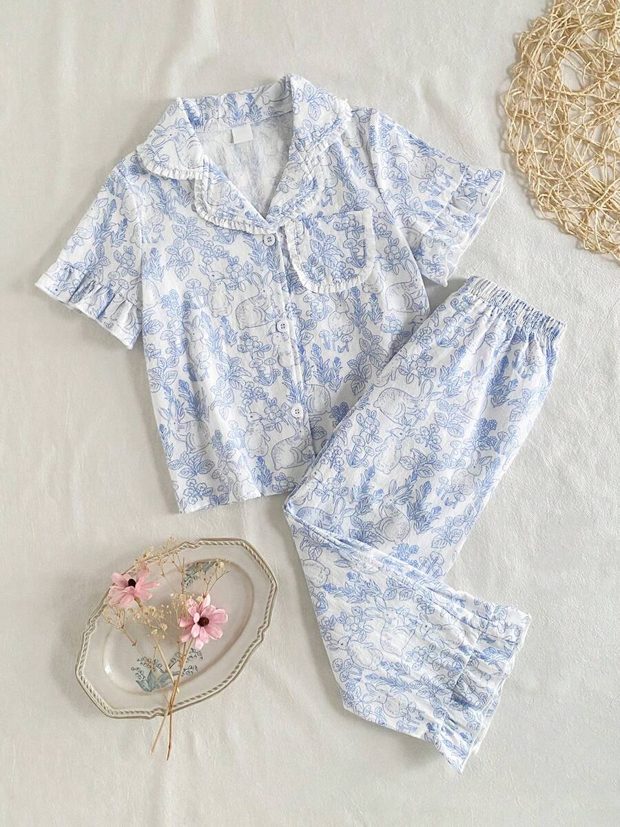 SHEIN Set Piyama Kasual Nyaman 2 Potong Motif Kelinci dan Bunga Garis Biru untuk Bayi Perempuan, Lengan Pendek, dan Celana, Terdiri dari Celana Panjang dan Kerah Berkerut - Biru - View 1