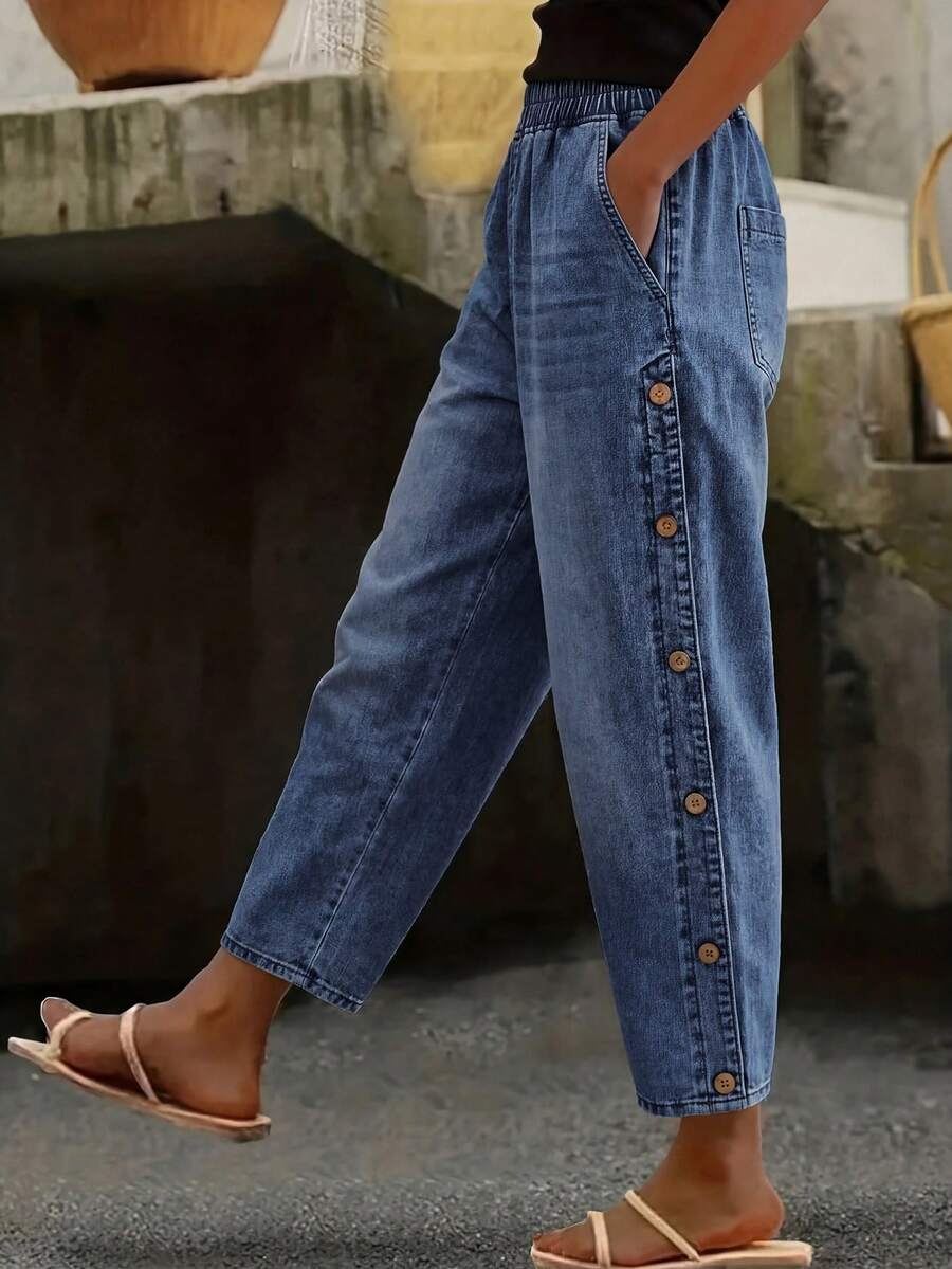 EMERY ROSE EMERY ROSE Quần jean denim size lớn phong cách thường ngày giặt wash cài cúc bên hông
