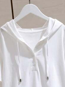 EMERY ROSE Sudadera con capucha premium versátil de manga corta con media botonadura para mujer de talla grande, color liso - Blanco - Ver 3
