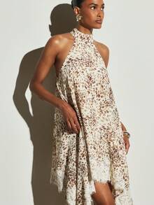 KSTM Halter Neck Leopard Print Mini Dress With Lace Trim Handkerchief Hem Sleeveless Summer Party Dress - Multicolor - View 3