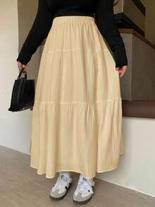 Dazy Plus Plus Size Women's Elastic Waist Patchwork Loose A-Line Skirt Spring Summer - Apricot - View 3