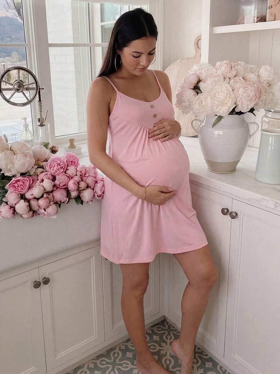 SHEIN 孕婦純色鈕扣設計休閒細肩帶洋裝 - 藕粉色 - 查看 1