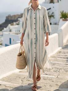 Faunlyn Robe d'été décontractée fendue à simple boutonnage blocs de couleurs pour femmes - Multicolore - Voir 8