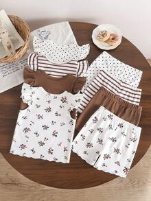 SHEIN 8件套/女婴0-3岁春夏新款休闲日常外出可爱纯色针织不对称罗纹短袖背心T恤上衣和短裤8件套 - 彩色 - 查看 2