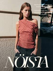 Nöista 紅黑條紋單肩上衣，適合夏季、秋季、派對與度假造型 - 紅色 - 查看 9
