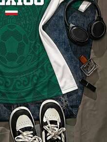SHEIN EZwear 墨西哥国家足球队女款宽松V领球衣，黄色，撞色领口和袖口条纹，2026世界杯运动时尚比赛日足球街头服饰 - 彩色 - 查看 4