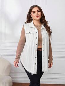 EMERY ROSE Plus Size Striped Colorblock Frayed Edge Single-Breasted Double Pocket Denim Vest Jacket - Black and White - View 5