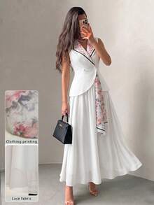 Modelyn Spring/Summer Commuter Day Party Elegant Elegant Floral Print Bow Tie Waist-Defining Slimming Blazer Sleeveless Set Pink Floral White - White - View 9
