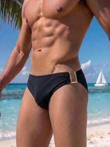 Manfinity Swimmode 男士純色三角泳褲，適合海灘度假 - 黑色 - 查看 1