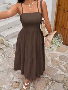 Sunnyshic Plus Size Women's Solid Color Pleated Casual Party Vacation Travel Spaghetti Strap Dress, Suitable For Summer - Brown - View 3