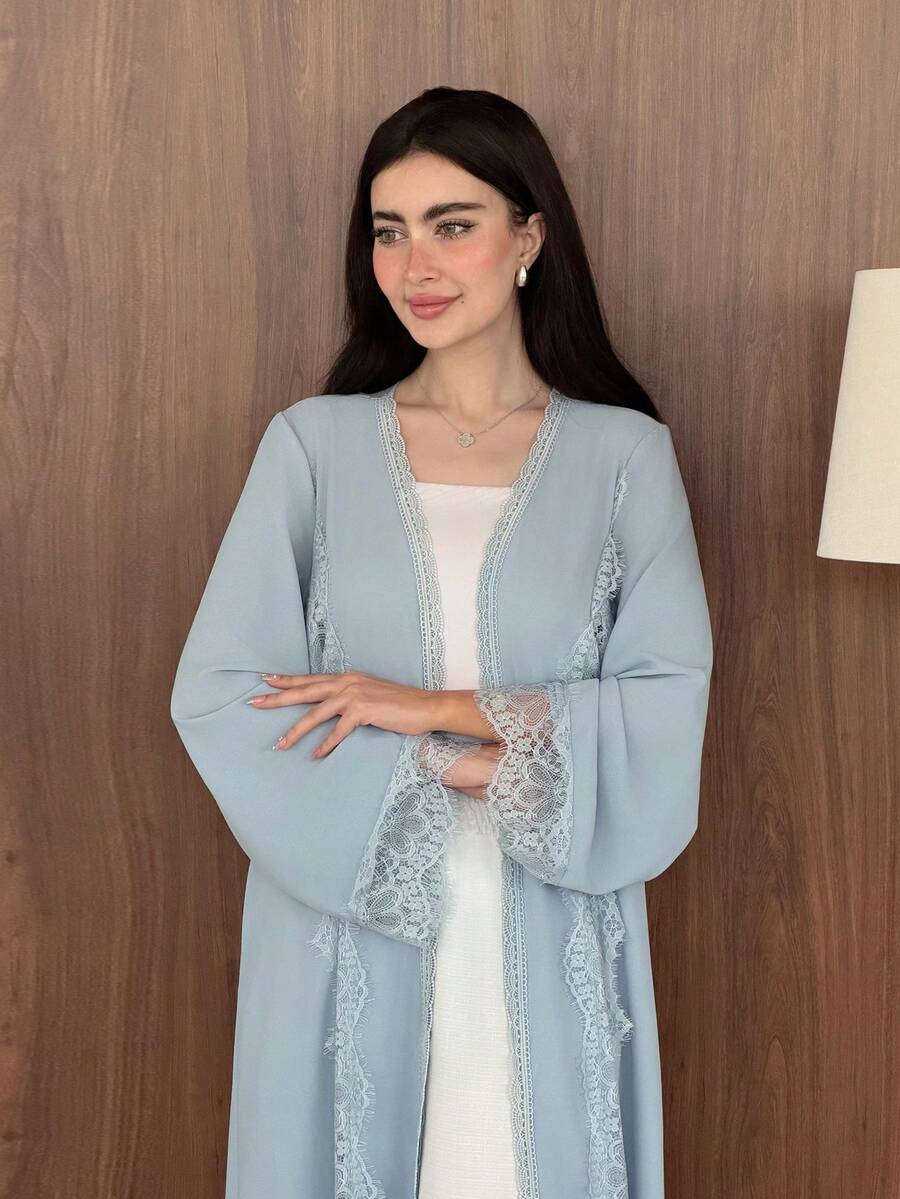Yasmeen Edit Yasmeen Edit Romantic Elegant Solid Color Flared Mesh Lace Decor Women's Abaya