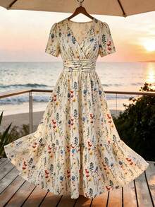EMERY ROSE CURVE Plus Size Women's Spring/Summer Fashion Long Criss-Cross Dress - Apricot - View 1