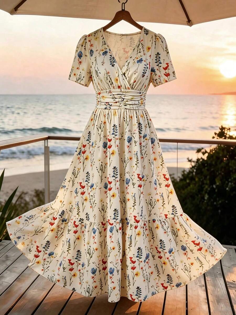 EMERY ROSE CURVE Plus Size Women's Spring/Summer Fashion Long Criss-Cross Dress - Apricot - View 1