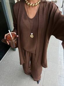 Livesso Autumn Brown Flare Sleeve Long Cardigan Vest Straight Leg Pants 3 Pieces Set, Loose Office Commute Wedding Vacation Casual Women's Outfit - Brown - View 6