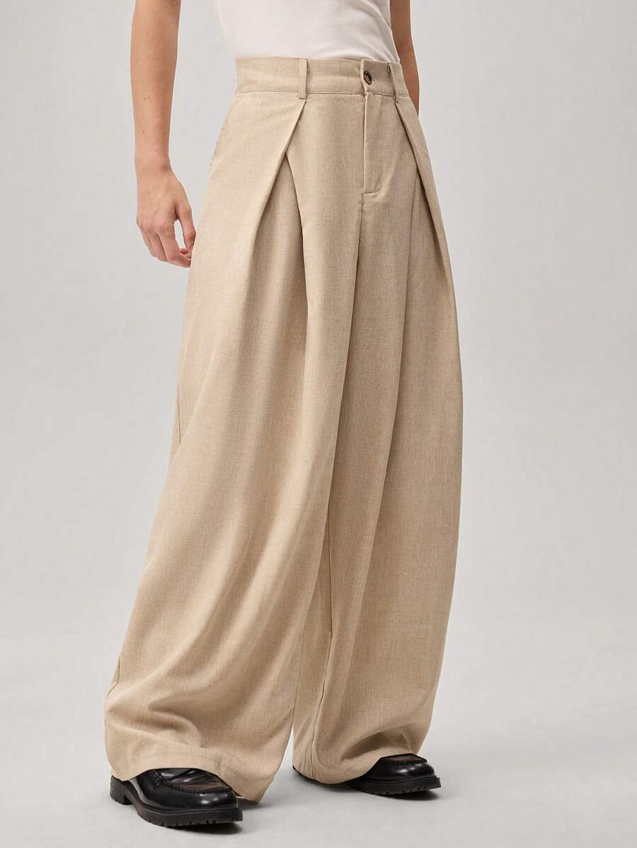 Vaulklash Men's Solid Color Zipper Front Button Waist Belt Loop Pleated Pocket Wide Leg Pants, Suitable For Daily Wear And Outdoor Travel - Apricot - View 1