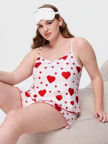 Bonmuse Plus Size Women Heart Print Camisole Top And Bow Decor Shorts Casual Loungewear Set - Multicolor - View 8