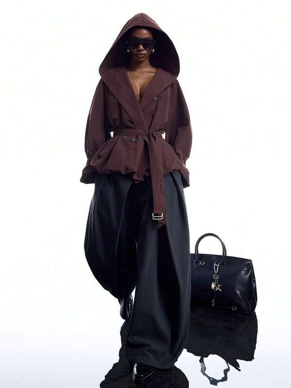 LYSMO Women's Solid Color Long Sleeve Hooded Casual Elegant Trench Coat Day Time Night Burgundy Autumn Going Out Outfits