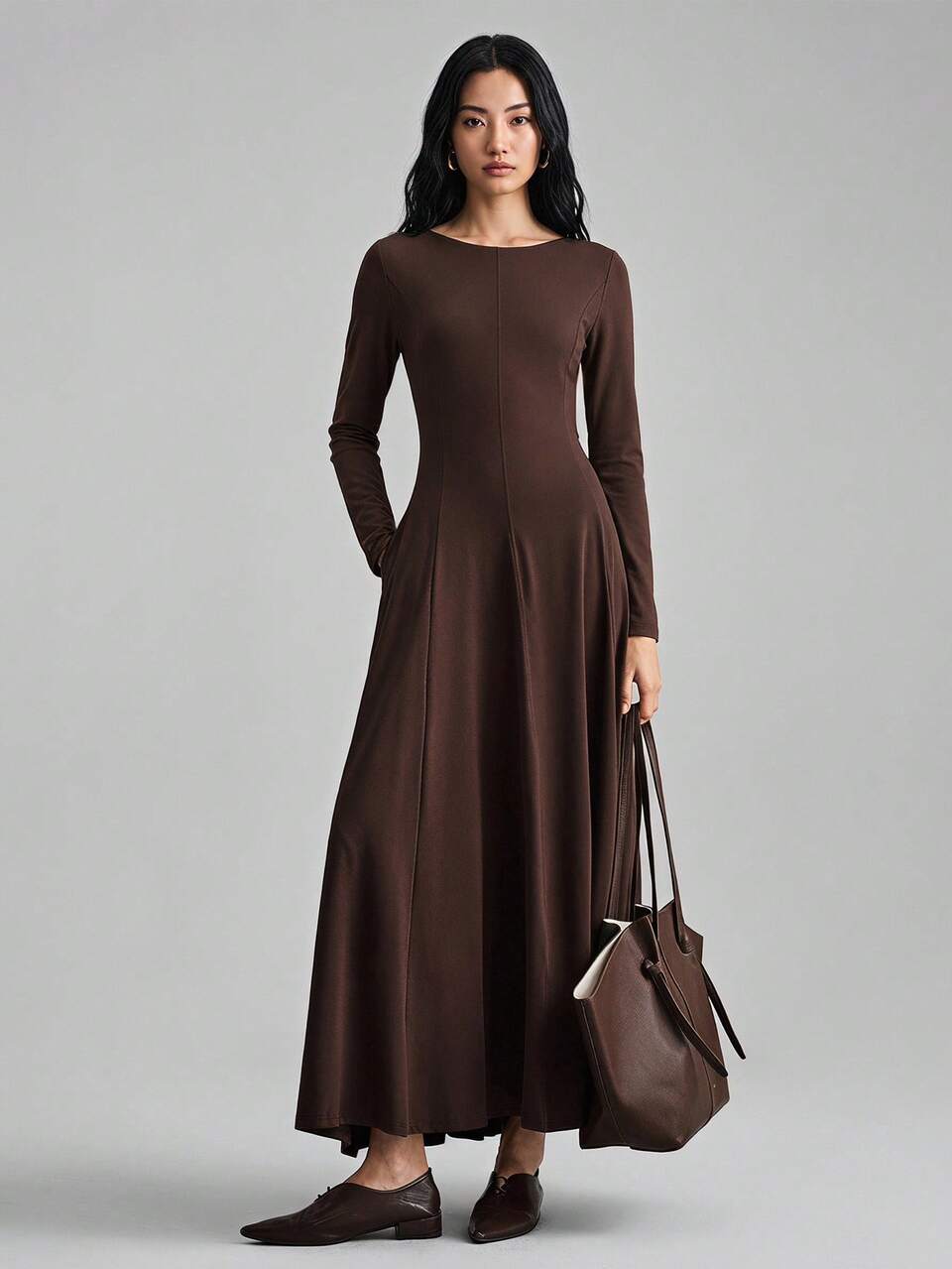 Women's Outfit Beach Wear Holiday Wear Country Style Country Music Concert 2026SS Spring/Summer Women's Clothing Women's Long Dress Minimalist Elegant Urban Modern Commute Versatile Spring/Summer Fashion Commute Solid Color Waist-Cinching Long Dress Long Sleeve Deep Brown Dress A-Line Dress Split Design Square Neck Boat Neck Party Vacation Holiday Dress Fashion Versatile Best-Selling Women's Long Dress