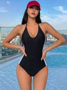 Livesso 女款拼色長袖街頭休閒運動連身泳衣，夏季沙灘裝 - 黑色 - 查看 3