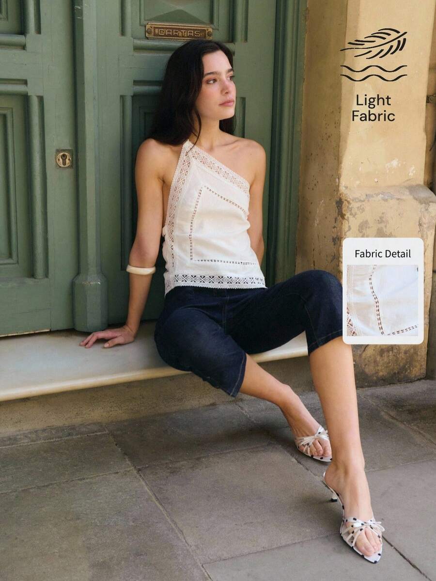 Nöista White One-Shoulder Top With Lace Trim And Cut-Out Detail. Summer, Fall, Party, Going Out, - White - View 1