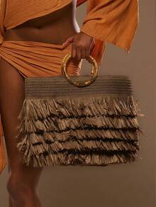 MUSERA Layered Straw Fringe Bamboo Top Handle Tote Beach Bag Spring Summer Beach Swim Festival Vacation Cute Daily - dark brown - View 4