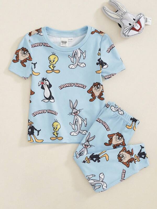 LOONEY TUNES X SHEIN Conjunto de top de manga curta com gola redonda e calças compridas com estampado de desenhos animados para bebé rapaz