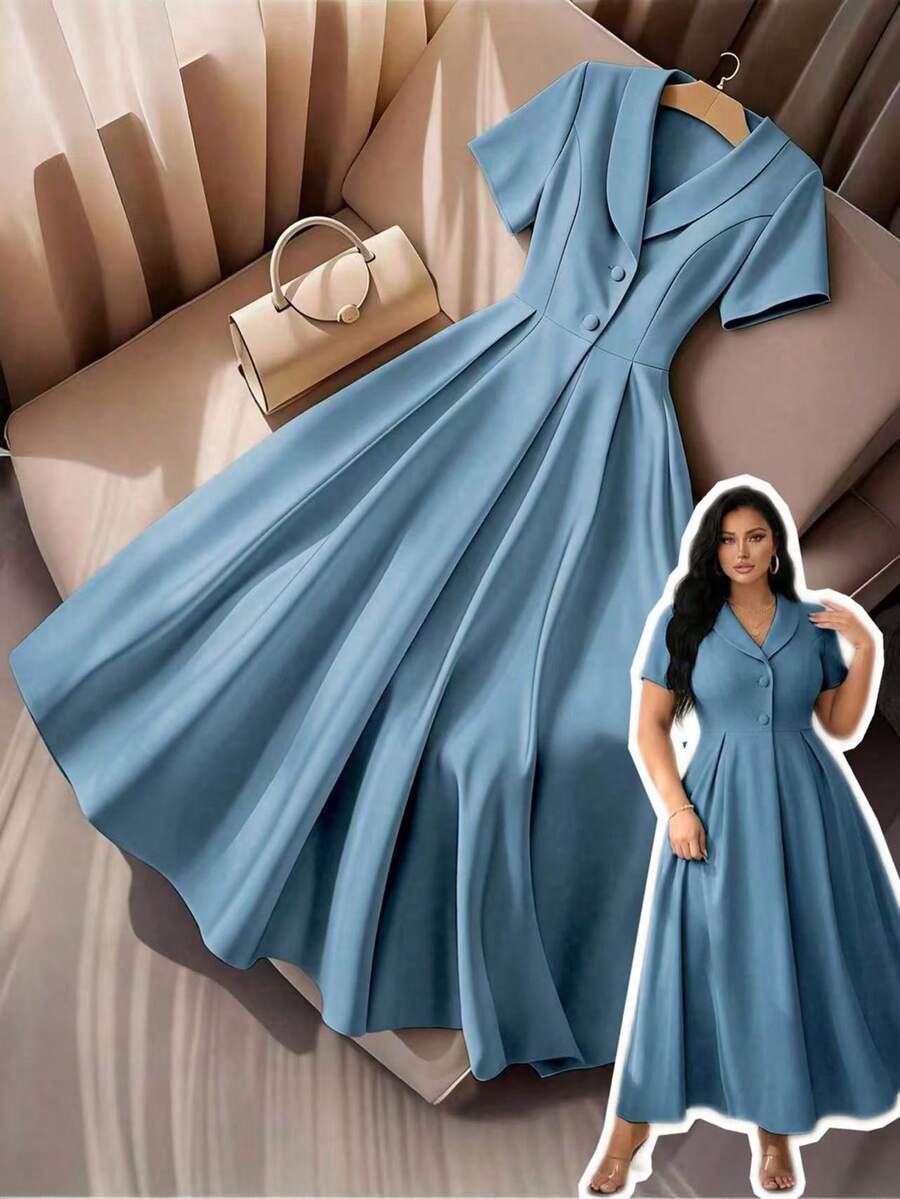 Elenzga 大尺碼女款灰藍色夏季優雅A字洋裝,短袖圓領鈕扣裝飾收腰辦公洋裝,適用畢業舞會婚禮派對 - 霧霾藍 - 查看 1
