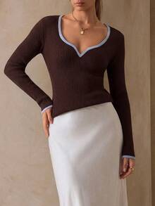 SHEIN Brown And Blue Contrast Trim Deep V-Neck Ribbed Knit Top Fitted Long Sleeve Slim Silhouette Chic Casual Sexy Basic Pullover Night Autumn Holiday Work - Brown - View 6