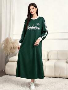 Mulvari Women's Casual Slogan Graphic Print Dark Green Long Dress, Fall Fashion Round Neck Striped Raglan Long Sleeve Sweatshirt Dress For Homewear - Green - View 5