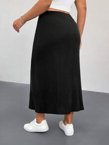 SHEIN Essnce 大尺碼女款春夏/秋冬時尚休閒彈性舒適日常百搭修身刷毛布料黑色長裙，女款下裝，秋季服飾，曲線裙 - 黑色 - 查看 3