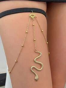 SpicyHot 1pc Women's European & American Fashion Body Chain With Rhinestone Gold Snake Pendant & Tassel Leg Chain - Gold - View 5