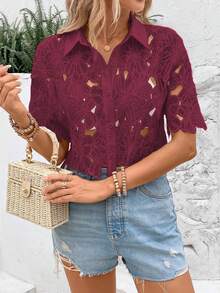 SHEIN Clasi 女款鏤空刺繡短袖單排扣時尚襯衫 - 紅色 - 查看 3