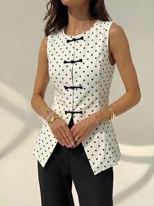 Aloruh 女款秋冬新款波點西裝外套、背心，新中式風格服飾，中國結上衣，秋季女款外出上衣 - 黑與白 - 查看 6