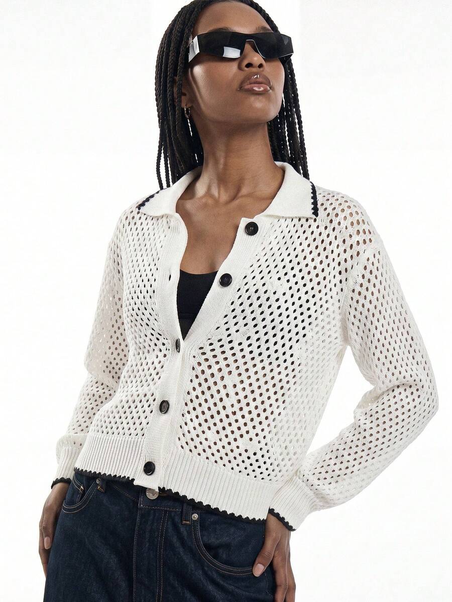 Lumivelle Women's Casual Color Block Shell & Ivory Perforated Long Sleeve Cardigan Sweater - Multicolor - View 1