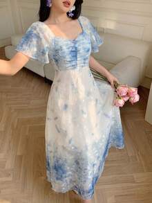 Modelyn Spring/Summer Gentle Style Romantic Elegant Gradient Blue And White Floral Print Pleated Dress Vacation - Multicolor - View 8