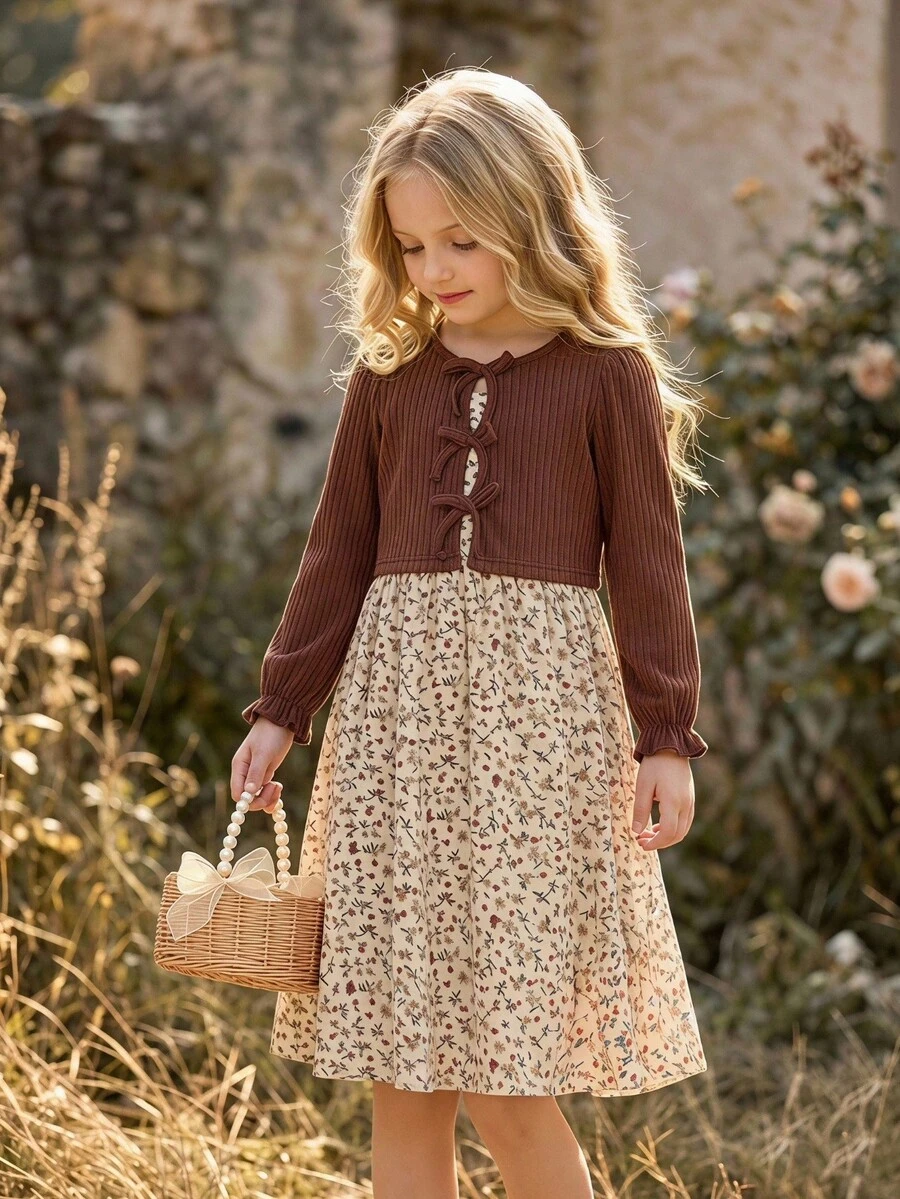 LMoss Kids Conjunto de 2 piezas para niña: Camiseta casual de cuello redondo ajustada de color liso de punto + Vestido camisola de tejido con estampado floral pequeño - Multicolor - Ver 1