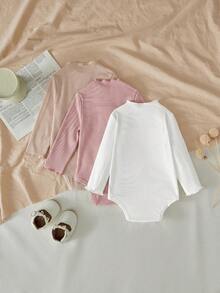 SHEIN LMoss Kids LMoss 3件組新生女嬰舒適針織純色荷葉邊冬季連身衣套裝，秋季 - 淺粉色 - 查看 2