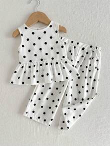 SHEIN 女童圓領波點印花背心上衣與長褲可愛套裝 - 白色 - 查看 5