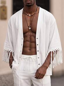Manfinity VCAY Men's Casual Woven Fringe V-Neck Open Front 3/4 Sleeve Shirt - White - View 7
