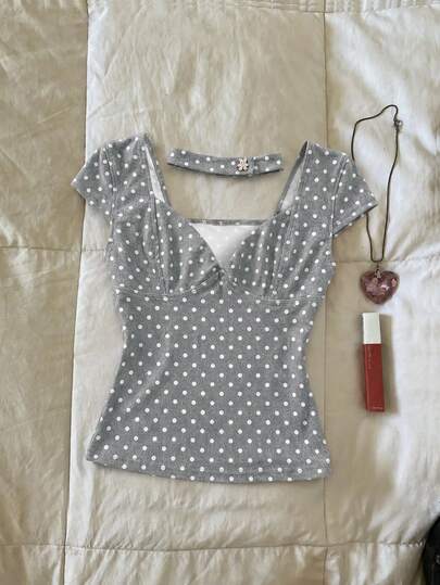 IslaSuriya Women's Polka Dot Print Cap Sleeve Slim Fit Casual Top