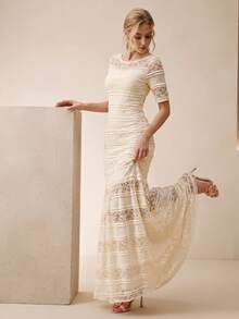 Anewsta Women's Elegant Romantic Lace Hollow Out Bodycon Dress Wedding Formal Office Off-White Summer - Apricot - View 2