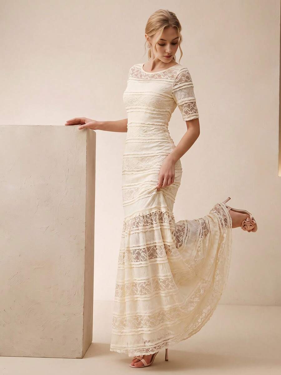 Anewsta Women's Elegant Romantic Lace Hollow Out Bodycon Dress Wedding Formal Office Off-White Summer